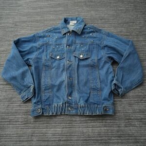 On The Verge Denim Jacket Women Vintage Stars Hearts Pockets Blue Jean XL